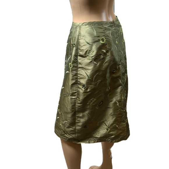 NY & CO Green Embroidered Floral Womens 100% Silk Pencil Skirt Size 6 Boho Chic - Picture 6 of 11